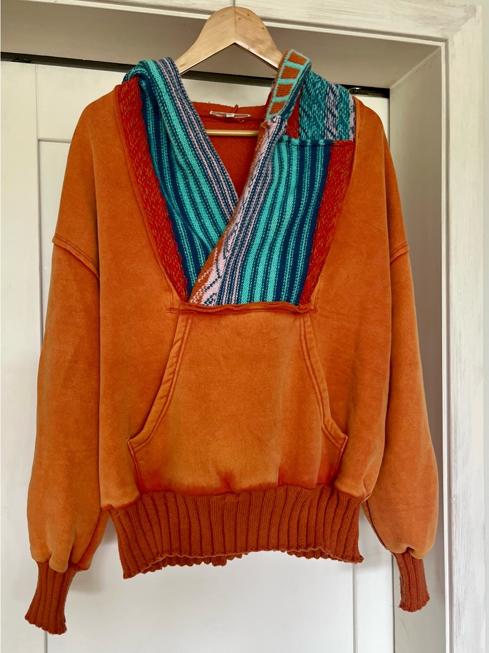 Easel Orange Hoodie with Multi Colored Knit Detailing